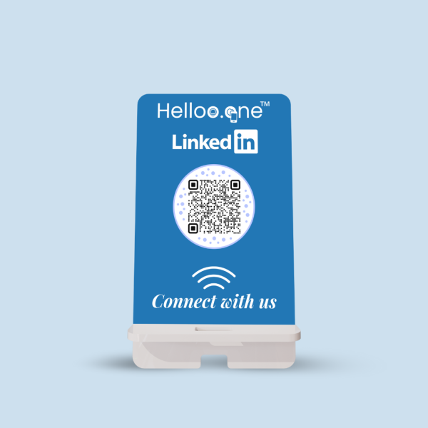 A sleek, modern LinkedIn NFC Standee, showcasing its compact design and NFC technology.